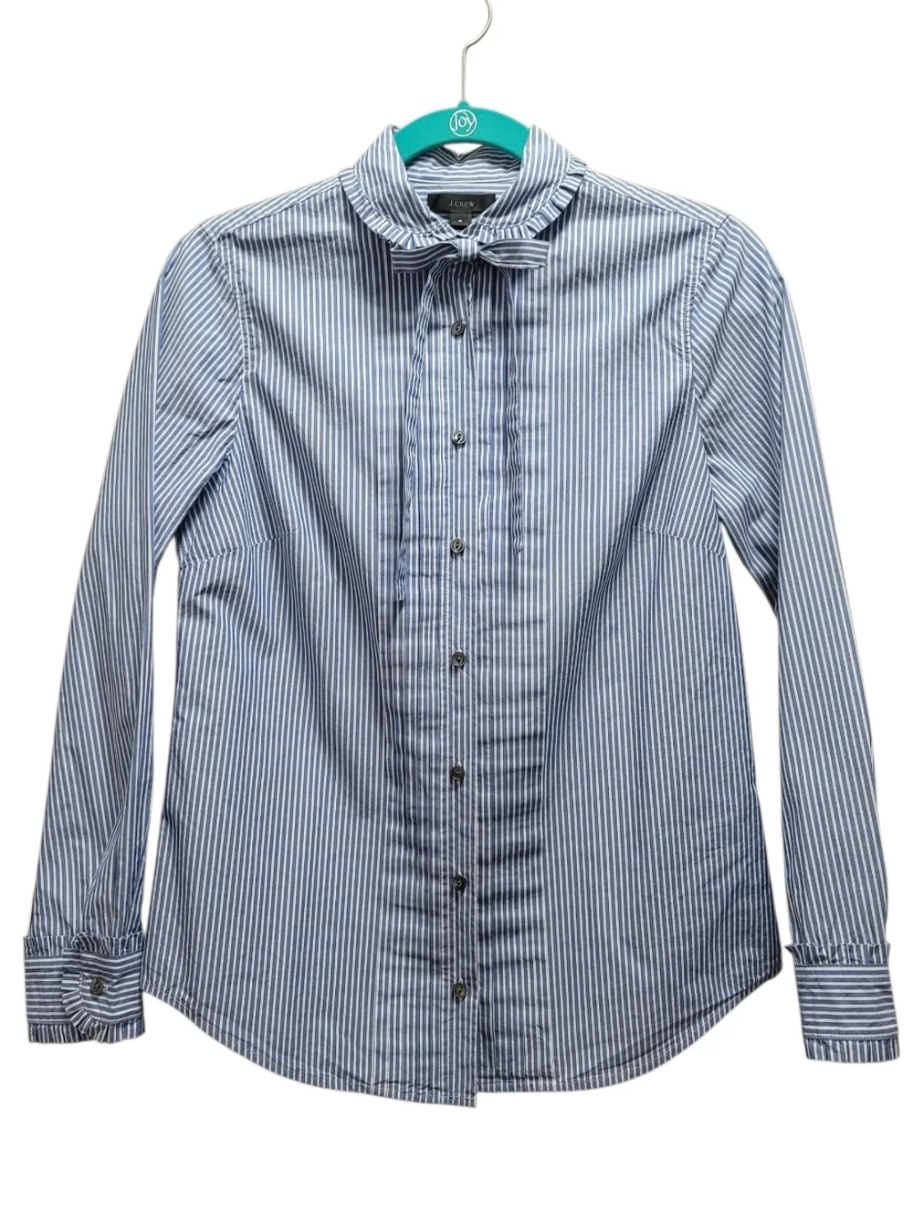 Sz 4 J.Crew Striped Button-Up Tie-neck Tuxedo Shirt 100% Cotton Ruffled Collar